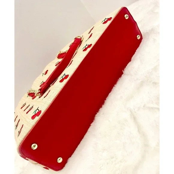 Betsey Johnson Cherry Print Straw Tote Bag Red Scalloped Top Chain Straps Charm - Picture 5 of 10